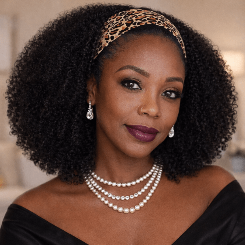 Femme portant la perruque afro lors d'une soirée élégante et démonstration de variation de coiffure