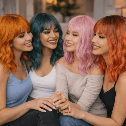 Quatre femmes portant chacune une couleur de perruque