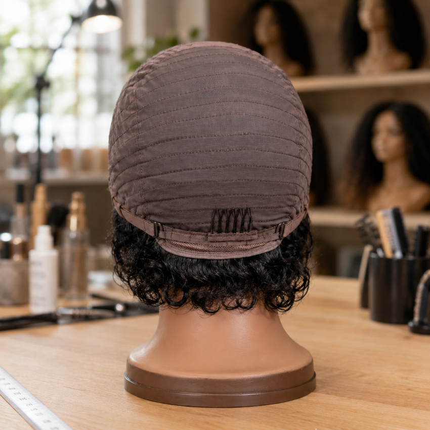 Vue arrière du bonnet montrant un peigne intégré et sangle ajustable