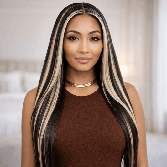 Femme face à la caméra qui porte la perruque longue noire méchée blonde