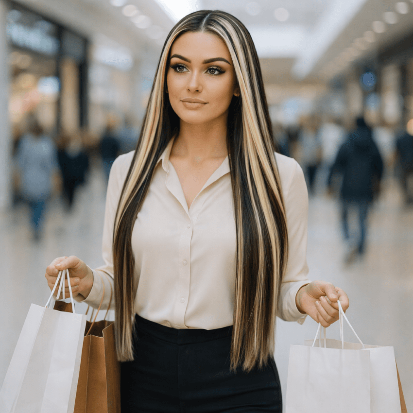 Femme portant perruque longue lisse noire aux mèches blondes dans centre commercial