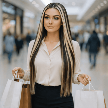 Femme portant perruque longue lisse noire aux mèches blondes dans centre commercial